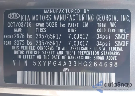 2017 Kia Sorento 2.4L Lx z USA, uszkodzony, nr VIN 5XYPG4A33HG264698